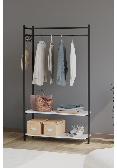 Bofigo Konfeksiyon Askısı Ayaklı Askılık Elbise Askılığı Raflı Askılık Jüpiter Beyaz Beyaz