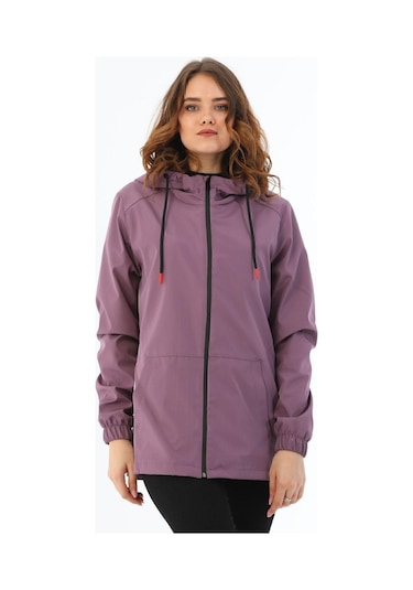 Kadın Astarlı Su Geçirmez Ve Rüzgara Dayanıklı Kapüşonlu Iç Cepli Yağmurluk - Rüzgarlık Mürdüm
