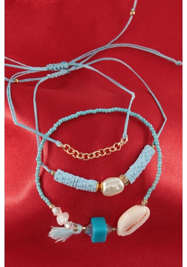 3lü Deniz Kabuğu İncili Boncuklu Püsküllü Asansörlü Lastikli İp Bileklik. Kadın İp Bileklik Halhal Çok Renkli