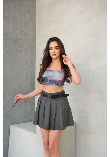 Kadın Pileli Gizli Fermuarlı Kemerli Şortlu Mini Etek Antrasit