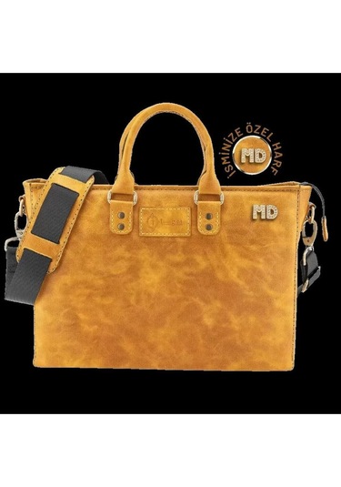 İsme Özel Günlük Kullanım El Omuz Evrak Laptop Çantası - %100 Deri - Ac09004 - Hardal Sarısı-128630 Siyah