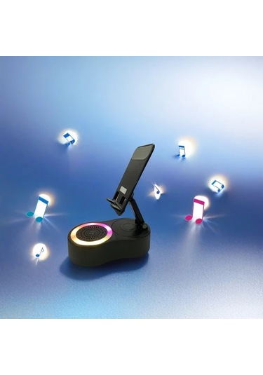 Fochsia Kablosuz Hoparlör Ve Power Banklı Katlanır Siyah Telefon Tutucu Siyah