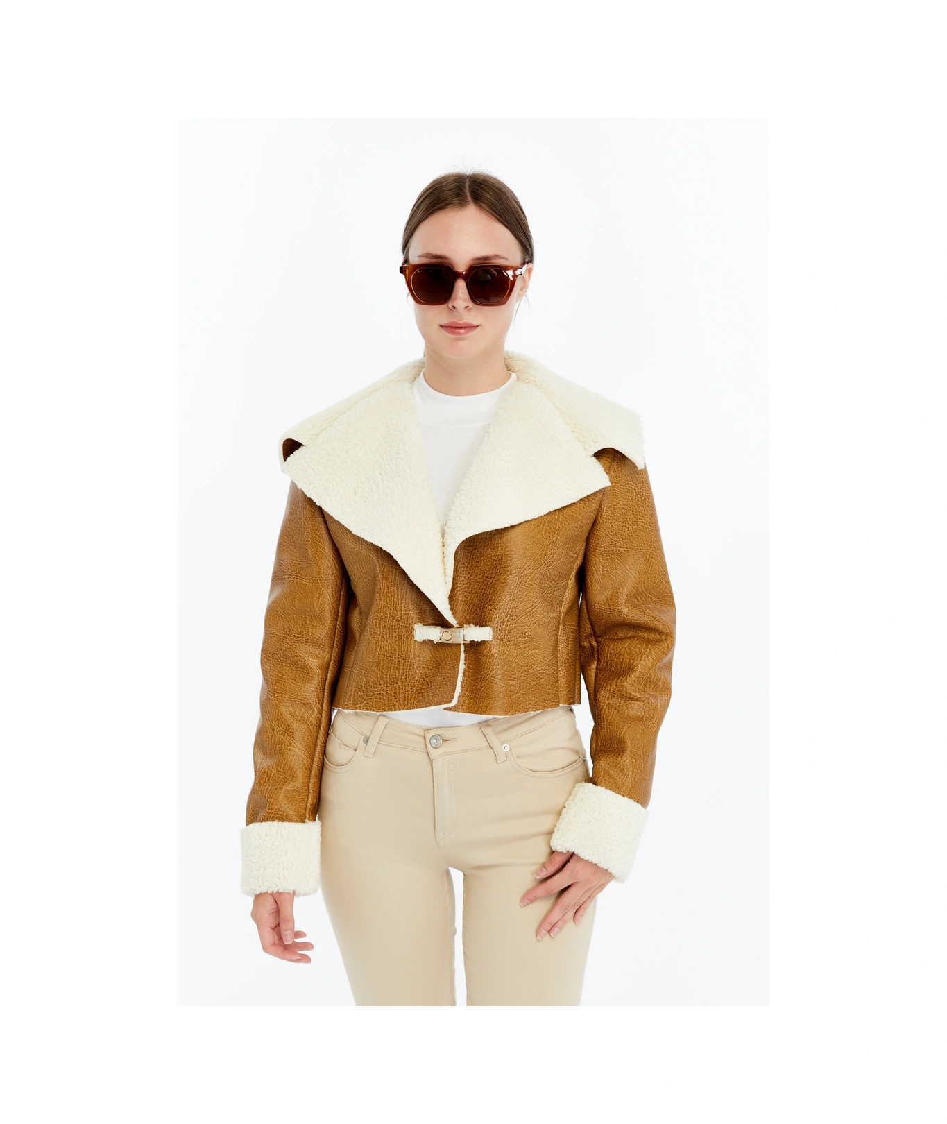 Kadın Oversize Deri Mont Kürklü Ceket Niş Kompakt Tasarım Günlük Spor Görünüm Sarı