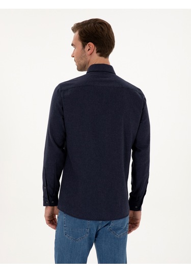 Cacharel Lacivert Slim Fit Pamuk Karışımlı Yakası Düğmeli Flanel Gömlek