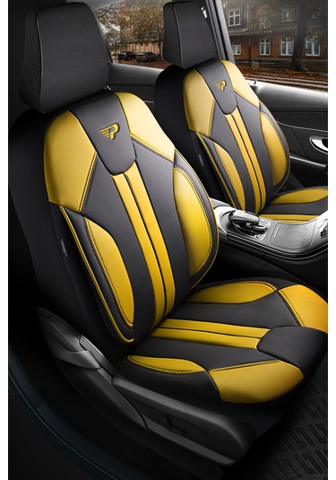 Siyah - Sarı Panda Carlone Serisi Ful Deri Oto Koltuk Kılıfı - Tam Set