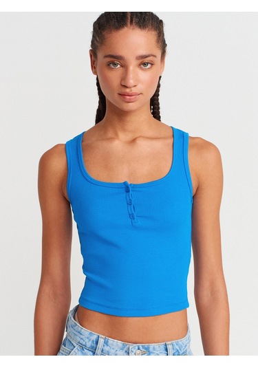 Dilvin 20983 Düğmeli Kare Yaka Top-saks Saks