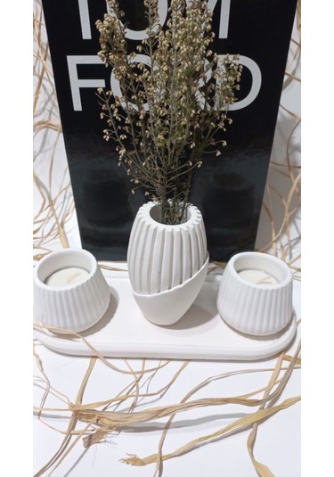 İskandinav Vazolu Tabaklı Tealight Mumluk Set Beyaz Beyaz