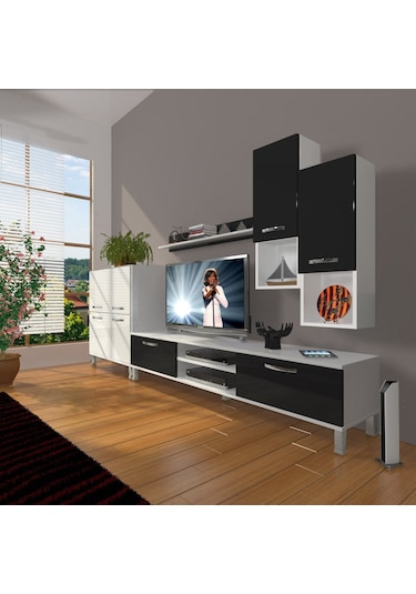 Decoraktiv Eko 6da Mdf Dvd Krom Ayaklı Tv Ünitesi Tv Sehpası Beyaz - Siyah