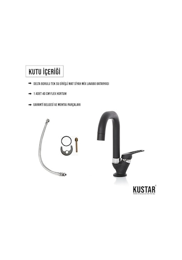 Kustar Siyah Mermerden Tek Su Girişli Kare Baston Lavabo Musluğu Siyah