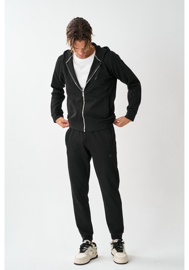 Dechers Tech Fleece Double Face Kapüşonlu Erkek Eşofman Takım E213-1 Siyah