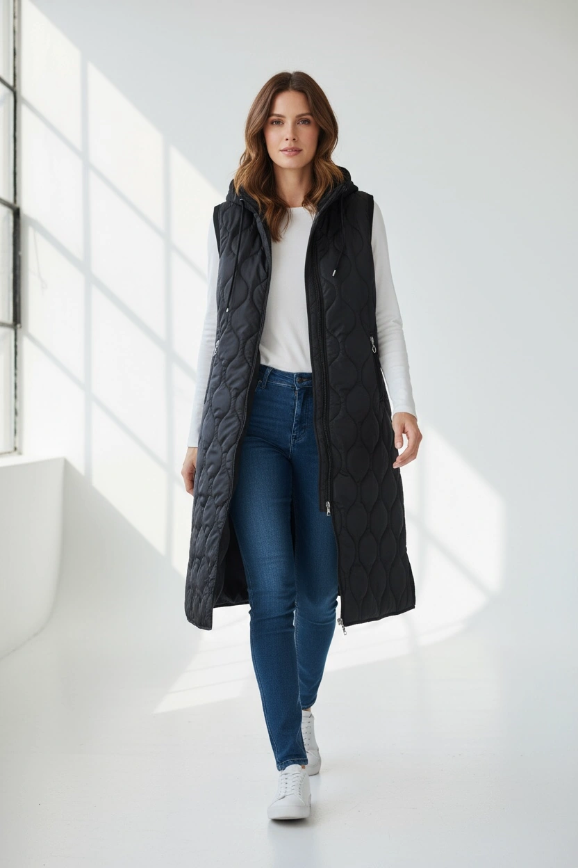 Kadın Önü Fermuarlı Yanlardan Cepli Kapüşonlu Kapitone Yelek Siyah