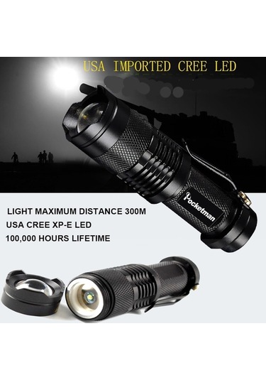 MSO Cree Q5 Led Ampül Mercekli Zoom El Feneri Siyah