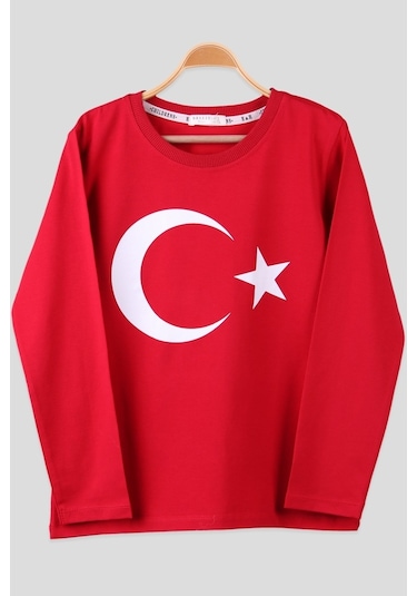 Erkek Çocuk Türk Bayraklı Uzun Kollu Tişört Kırmızı (5-10 Yaş)