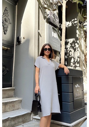 Grı Kısa Kol, Polo Yaka, Dokulu Kumaş, Basic Kalıp/kesim, Aerobin Rahat Midi Elbise Gri