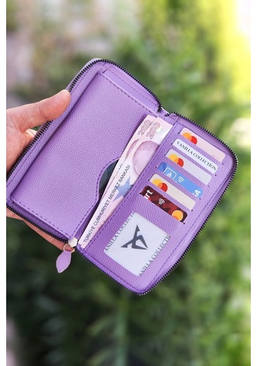 Telefon Bölmeli Lila Renk Kadın Cüzdanı Deri Portföy Kartlık Uzun Cüzdan Lila