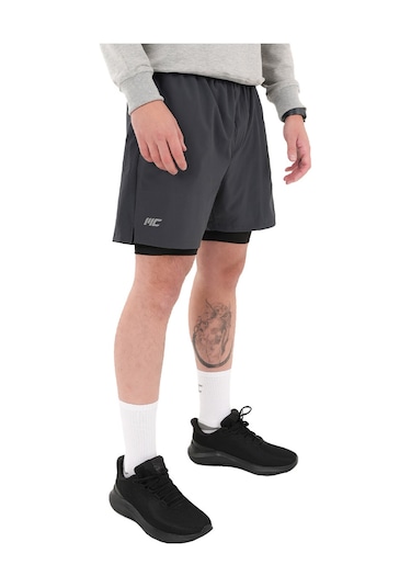 Musclecloth Performance 2 In 1 Erkek Taytlı Şort Gri Siyah Gri