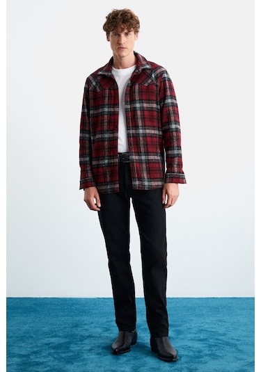 Allenı Erkek Pamuk Gömlek Yaka Relaxed Oduncu Kırmızı Gömlek