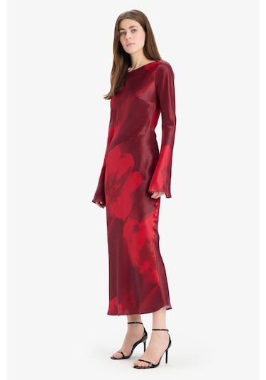 DeFacto Bisiklet Yaka Batik Saten Uzun Kollu Maxi Abiye Elbise E7451AX25SPRD211