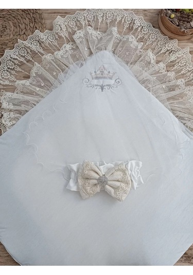 Yenidoğan Teri Cotton Taç Nakışlı Prizma Taş Kundak Bebek Battaniyesi Krem Çok Renkli