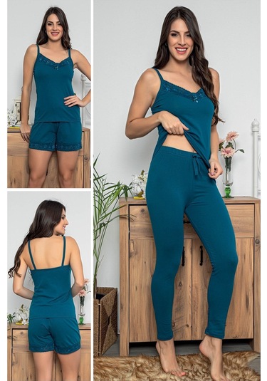 Kadın Petrol Renkli Dantel Detaylı Şortlu Ve Taytlı Pijama Takımı 3'lü Set 75007 Petrol