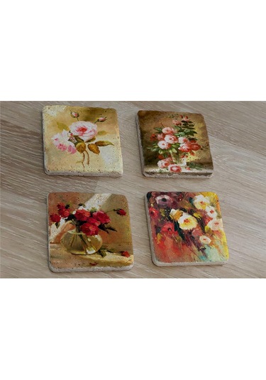 Renkli Güller Doğal Taş Bardak Altlığı 4'lü Set - Natural Stone Coasters - Taş Çok Renkli