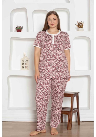 Kadın Çiçek Desen Bisiklet Yaka 3 Düğmeli %100 Pamuk Penye İnce Yazlık Kısa Kol Pijama Takımı Mürdüm