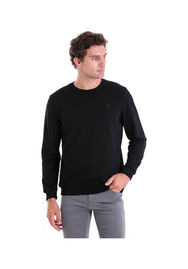 Hatemoğlu Regular Fit Düz Pamuklu Bisiklet Yaka Sweatshirt Siyah