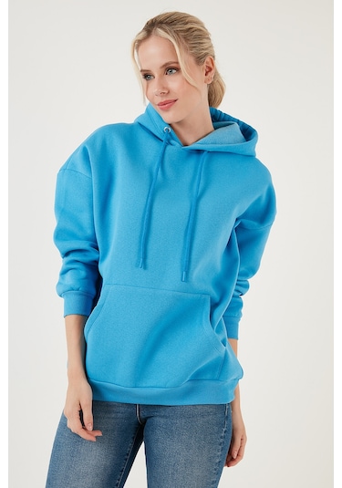 Lela Regular Fit Pamuklu Kapüşonlu Yaka Şardonlu Kışlık Bayan Sweat 5863854 Turkuaz