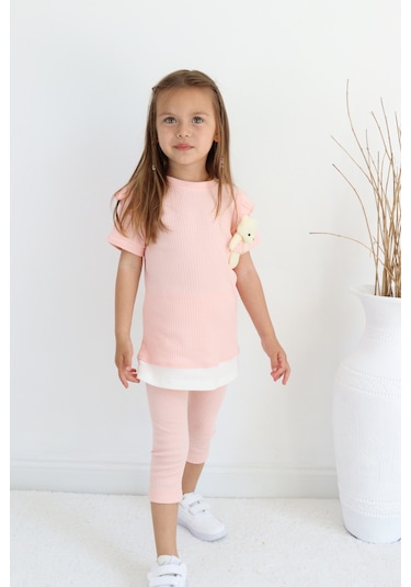 Kız Çocuk Ayıcık Oyuncaklı Kaprili Yazlık Basic Takım 2-5 Yaş Somon