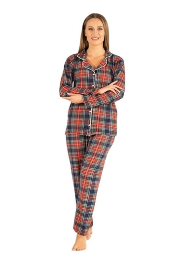 Estiva Ekose Kareli Boydan Düğmeli Süet Bayan Pijama Takım 001