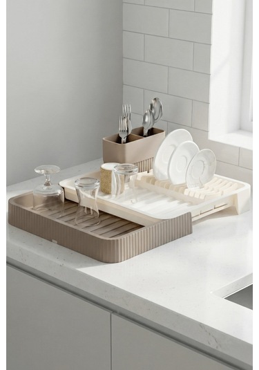 Krem Uzayabilir Sürgülü Bulaşık Sepeti, Lavabo/tezgah Üstü Açılır Kapanır Bulaşıklık Kurutma Sepeti Krem