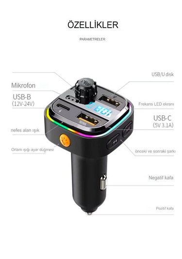 Car-in Bluetooth Wireless 3.1a 2usb Tf Kartlı Type-c Rgb Işıklı A