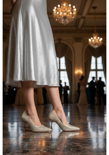 Altın Taş İşlemeli İnce Topuklu Kadın Abiye Ayakkabı Pc-55020 Z Altın