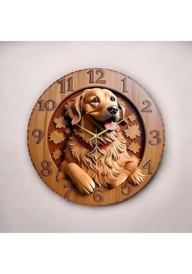 Ahşap Renkli Baskı Golden Köpek Desenli Kabartma Görünümlü Hediyelik Ahşap Sessiz Duvar Saati 50cm ÇOk Renkli
