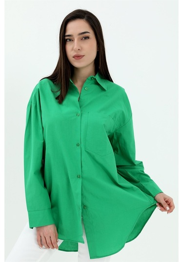 Tek Cepli Kolları Katlı Oversize Kalın Keten Gömlek - Yeşil-yeşil Yeşil