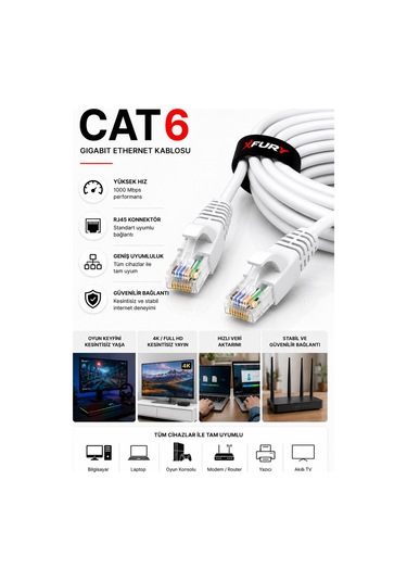 Fury Cat6 Ethernet Kablosu 3 Metre Rj45 Lan İnternet Modem Router Bilgisayar Kablosu