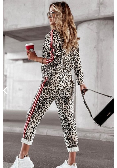Dip Moda Kadın Leopar Desenli Çizgi Detaylı Takım Dpnbasp7233 Bej
