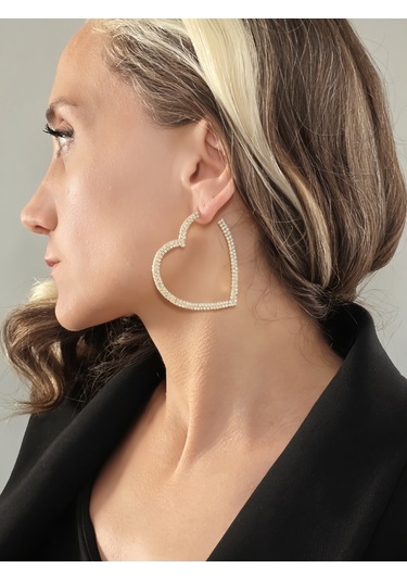 Büyük Kalp Model Beyoğlu Taşlı Abiye Gold Renk Küpe Altın