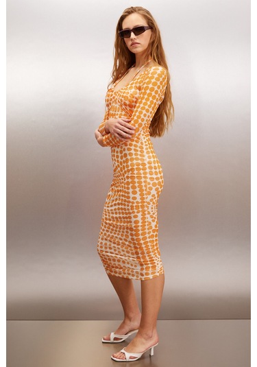 Anatola Kadın Tül Mesh Kumaşlı Puantiyeli Boyundan Bağlamalı Turuncu /desenli Elbise