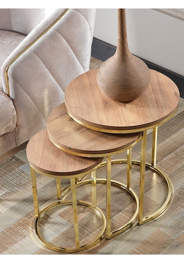 3' Lü Açık Ceviz Ahşap Gold Metal Sehpa