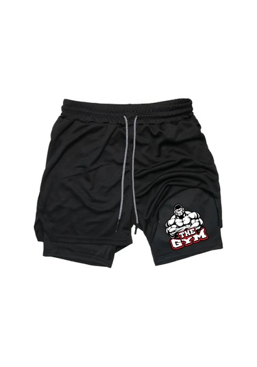 Hızlı Kuruyan 2 İn 1 Yetişkin Unisex Spor Gym Gorilla Baskılı Taytlı Şort Fitness Gym Antrenman Halı Siyah