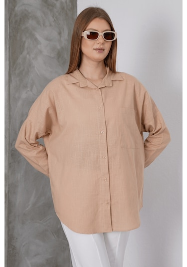 Paw Garage Kadın London Keten Tek Cepli Oversize Gömlek, Premium Kalite Keten Gömlek Açık Kahve