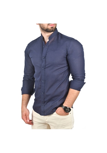 Deepsea Erkek Lacivert Slim Fit Dar Kesim Keten Gömlek Hakim Yaka Pamuklu Keten Spor Gömlek 2201895 Lacivert