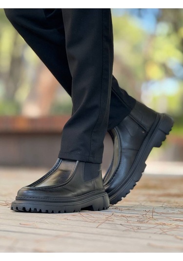 Pabucmarketi Fermuarlı Erkek Düz Bot Siyah Cilt Çok Renkli