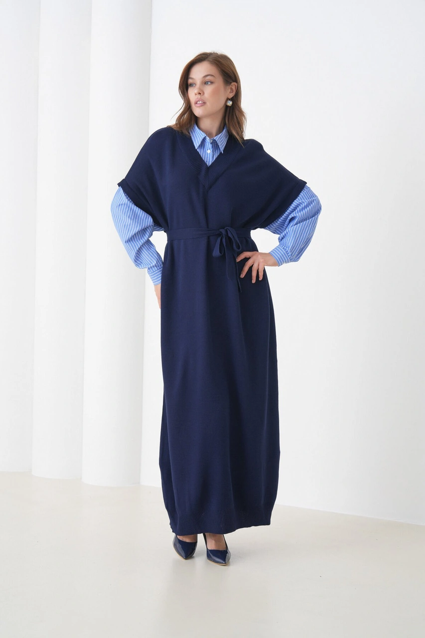 Kadın Uzun Kol Gömlek Yaka İçi Gömlekli Triko Kuşaklı Triko Spor Şık Elbise Lacivert