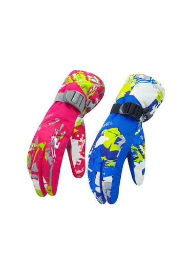 Geeroyoo Kışın Sıcak Tutan %100 Su Geçirmez Kayak Eldiveni - Mavi Desen, L Beden, Herkes İçin Uygun Mavi