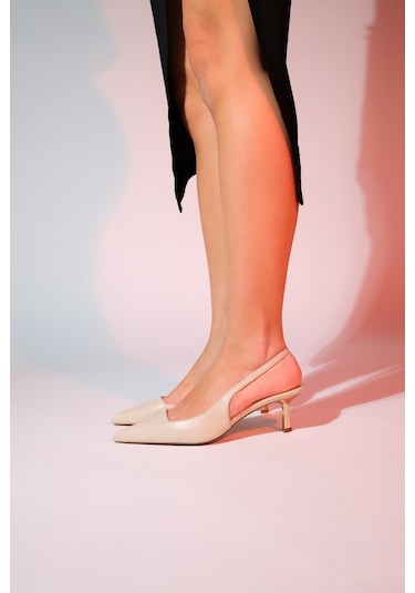 Luvishoes Marten Ekru Cilt Kadın Sivri Burun Arkası Açık İnce Topuklu Ayakkabı Ekru