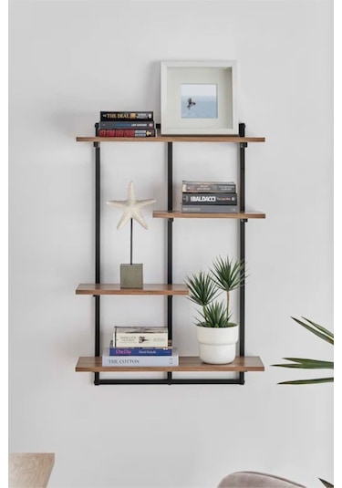 Aju Modern Duvar Rafı - 4 Katlı Metal Şık Modern Yüzen Pencere Duvar Rafı Kitaplık Düzenleyici Raf Siyah