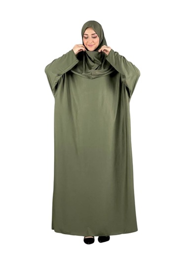 Namaz Elbisesi Eşarp Seccade Tesbih Set, İslami Giyim Takım Ferace Turban Şal Haki