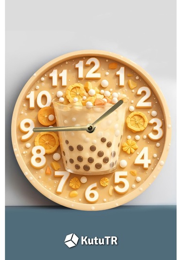 Zamanın Tadı Bubble Tea Temalı Sessiz Yuvarlak Ahşap Duvar Saati, Kuvars Coffe Desen 2d Sdw2014 Renkli